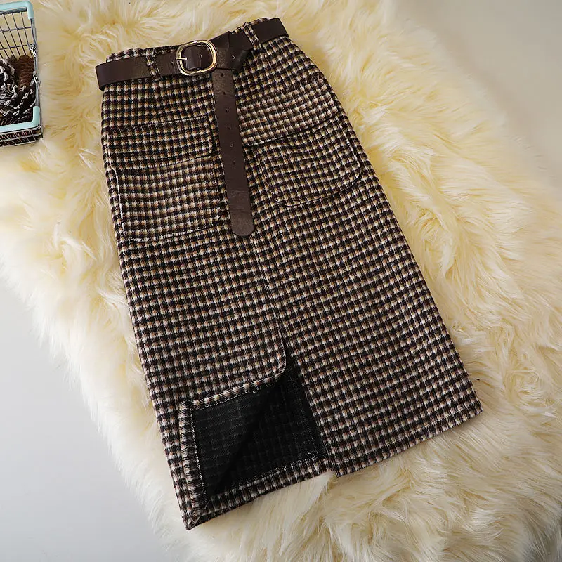 HI-FASHION Woolen Plaid Skirt Female Autumn New High Waist Pocket Split Mid-length Skirts Korean Winter One-step Plus Size Skirt