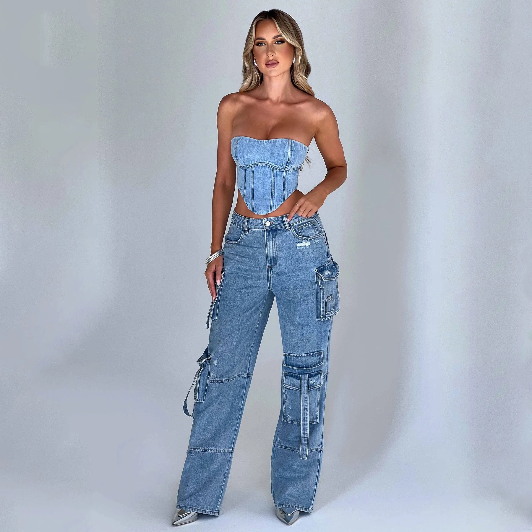 Casual Baggy Jeans For Women  Clothes 2024 News Spring Autumn Pocket Patchwork Cargo Pants Womens High Street Straight Leg Jeans