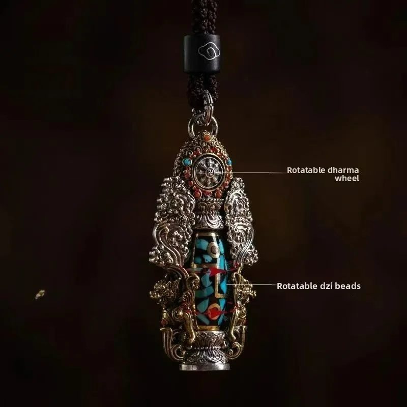 Tibetan Om Mani Padme Hum Spinning Necklace, 9-Eye Dzi Bead Amulet