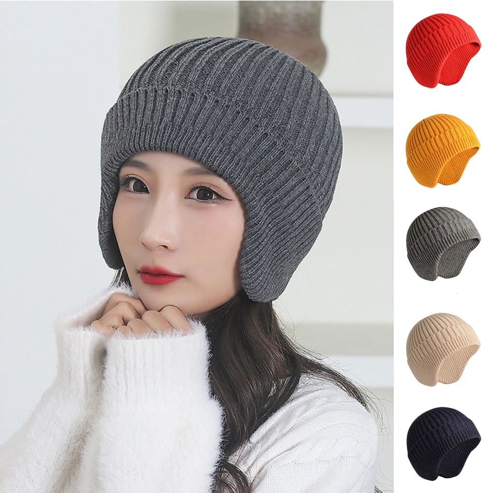 Winter Men Ear Protection Knitted Hat Velvet Lining Male Earmuffs Cap Soft Wool Ski Riding Bonnet Plush Warm Skullies Beanies