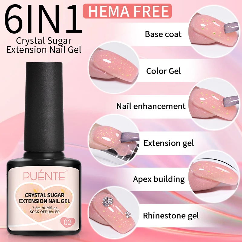 PUENTE Hema Free Extension Nail Gel Polish Crystal Sugar Colors Glitter Sequins Builder Nail Gel Semi-Permanent UV Nail Varnish