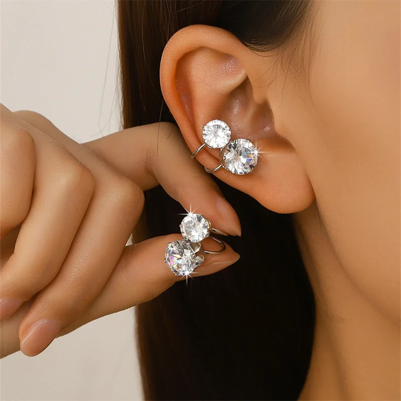 Shiny Zircon Double Layers Clip on Earrings Adjustable Non Piercing Ear Clips for Women Daily Wear Party Banquet Jewelry Gift