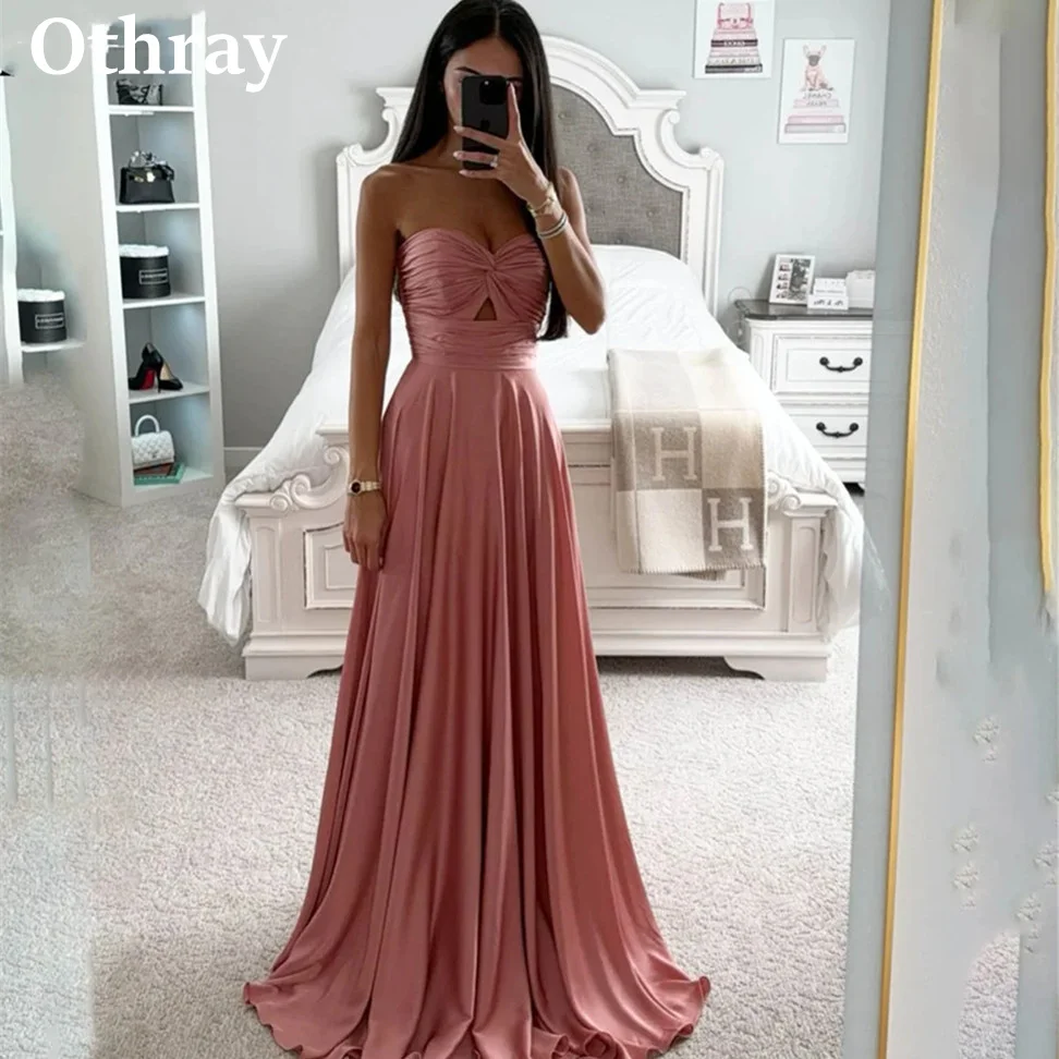 

Othray Charming Satin Prom Dresses Pleats Sweetheart Neck A Line Formal Evening Gowns School Party Robe Vestido De Noche