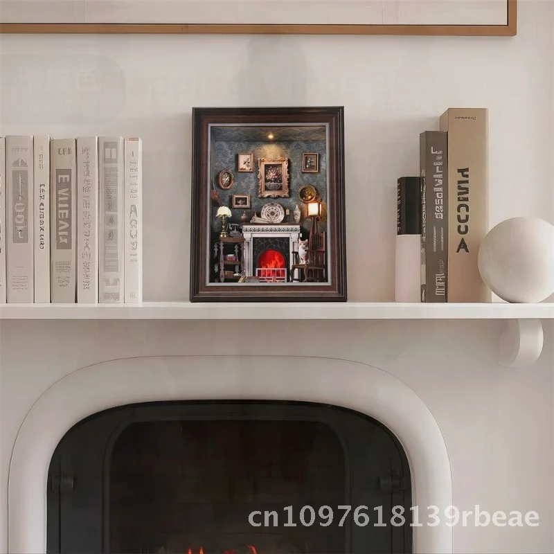 Cabina fai-da-te Modello in miniatura Casa Camino Cornice per foto Decorazione da parete 3D Puzzle fatto a mano Regalo creativo per la lavorazione del legno per adulti