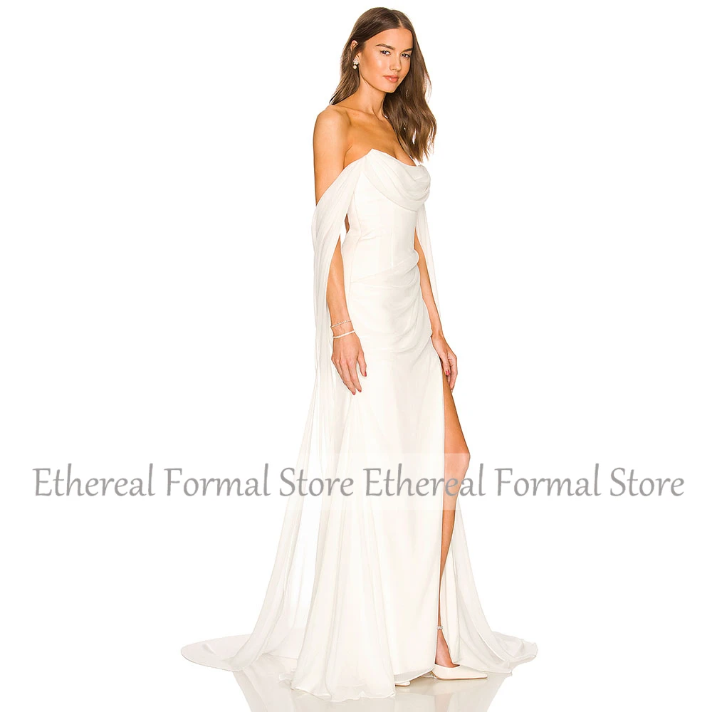 Elegant Ivory Chiffon Evening Gown For Wedding Mermaid Formal Party Dress Floor Length Strapless Prom Saudi Dress With Train