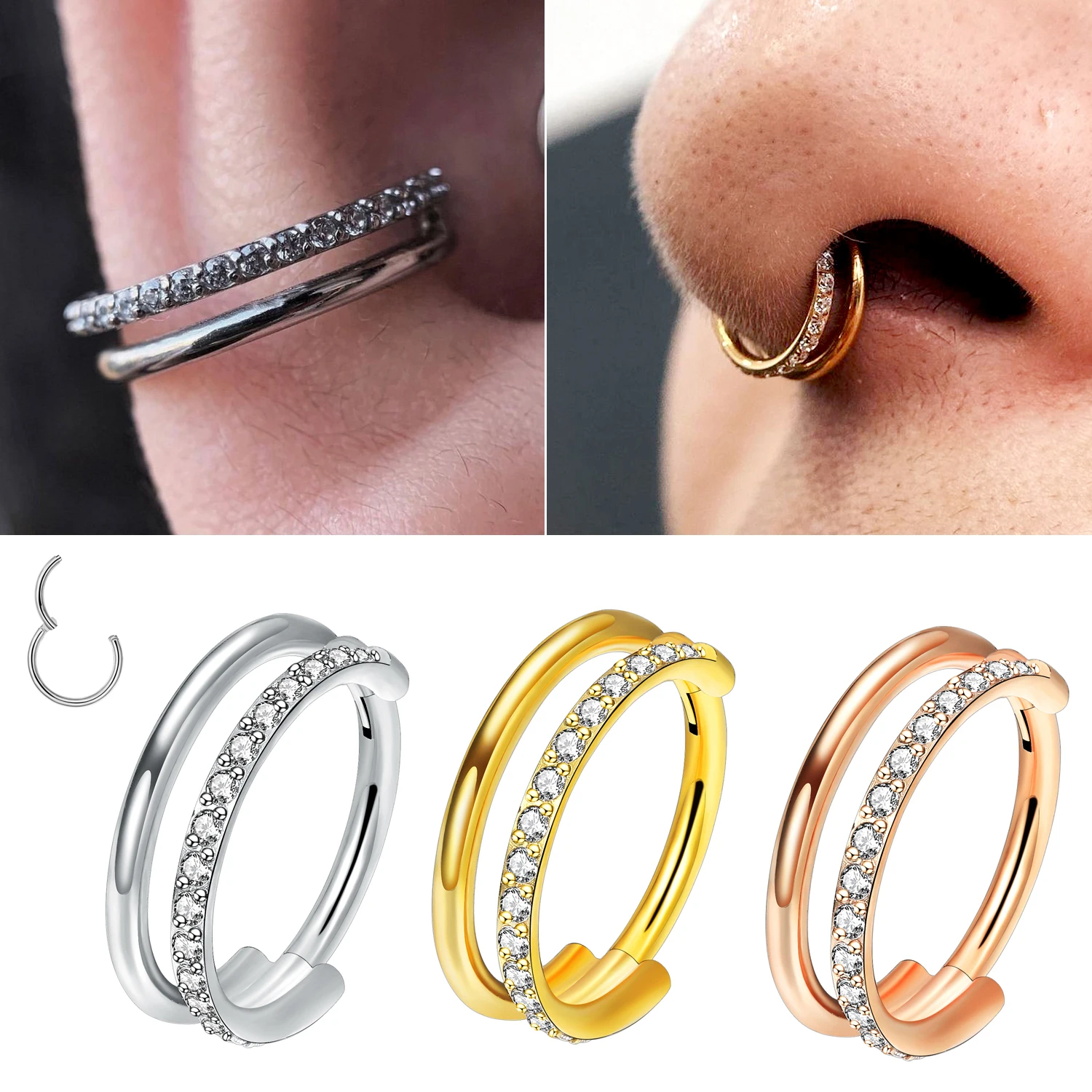 G23 16G Titanium CZ Row Conch Nose Ring Cartilage Hoop Daith Tragus Helix Lobe Earring Hinged Segment Clicker Piercing Jewelry