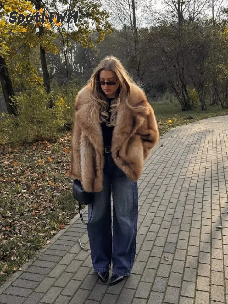 Women Brown Faux Fox Fur Jacket Chic Oversized Open Front Loose Big Notched Lapel Thick Streetwear Warm Vintage Winter Coats
