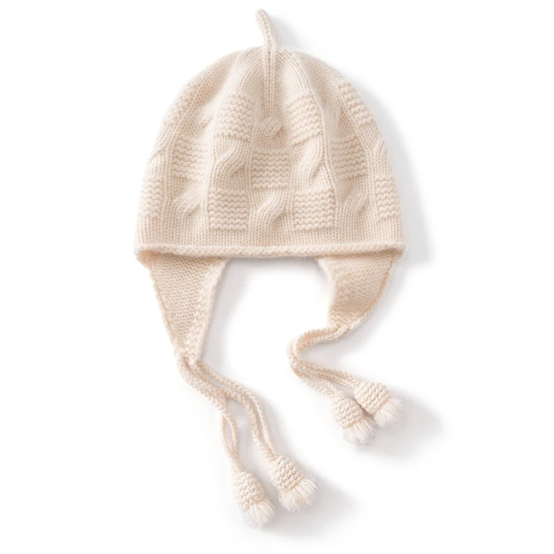 Winter New High Quality Women's 100% Cashmere Knitted Tassel Solid Color Jacquard Fashion Outdoor Warm Ear Protection Hat
