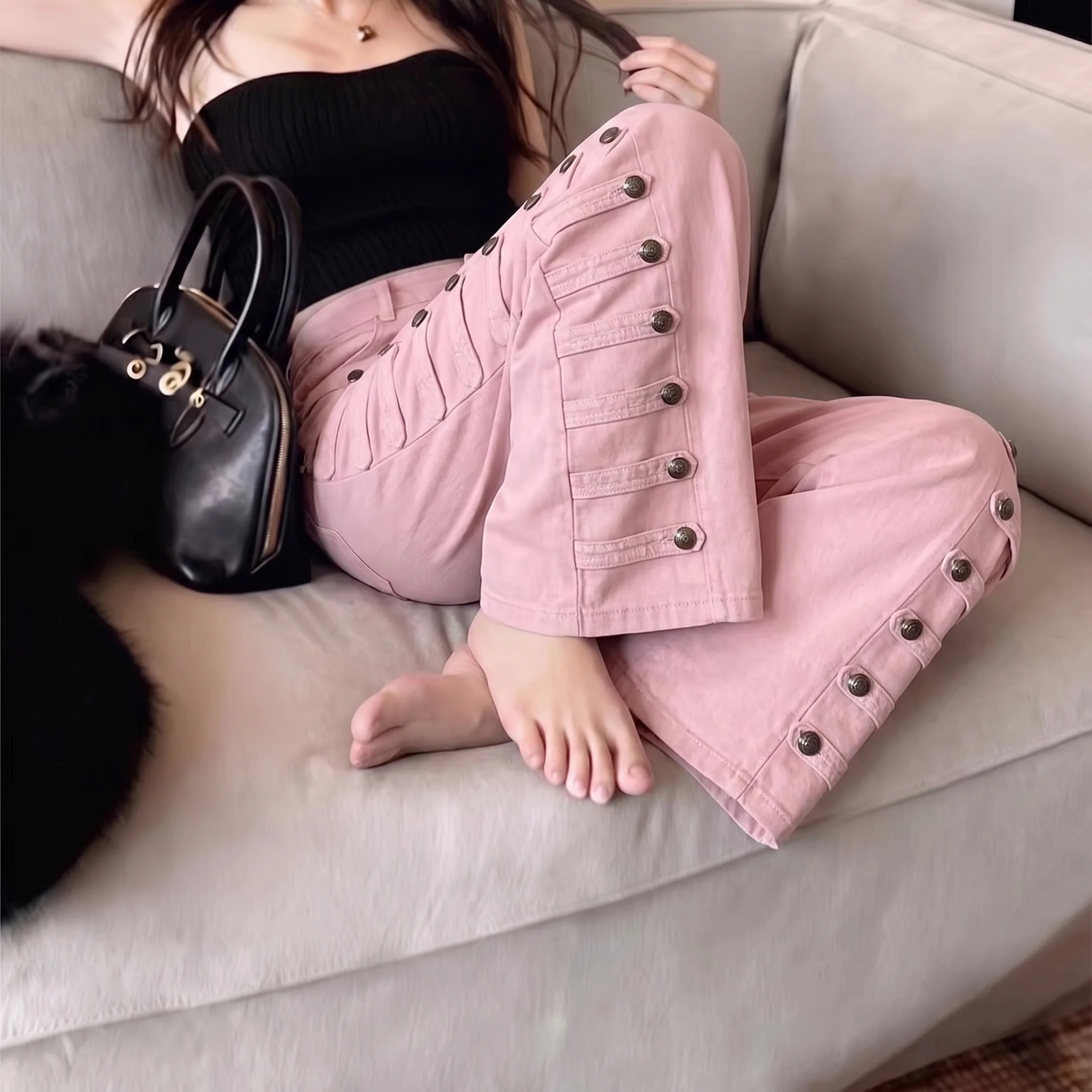 Street Style Metal Buckle Loose Wide Leg Jeans Trendy Summer Casual High Waist Denim Pants Ladies Fashion Cotton Pure Color
