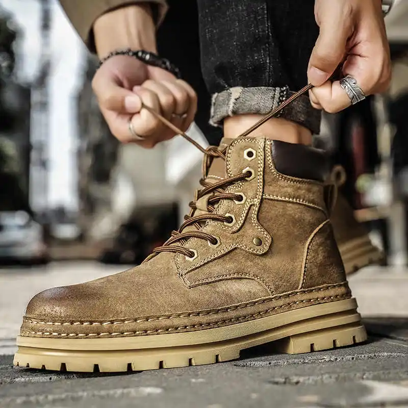 Fashion Men Boots Spring Comfortable Platform Leather Shoes Men Trend Brown Non-slip Work Boots for Men Casual Shoe Cowboy Boots