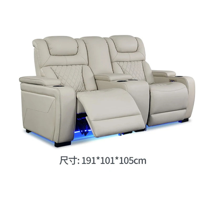Modern Home Theater Recliner Leather Seats Beige White Sofa Set With Extendable Feature Genuine Leather Upholstery Metal Frame