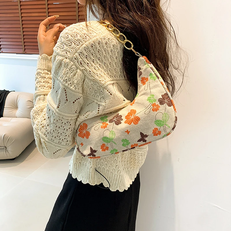 Fashion Strawberry Pattern Underarm Bag Thick Chains Women Shoulder Bags Pearls Chain Handbags Printing Small Hobos Phone Purse