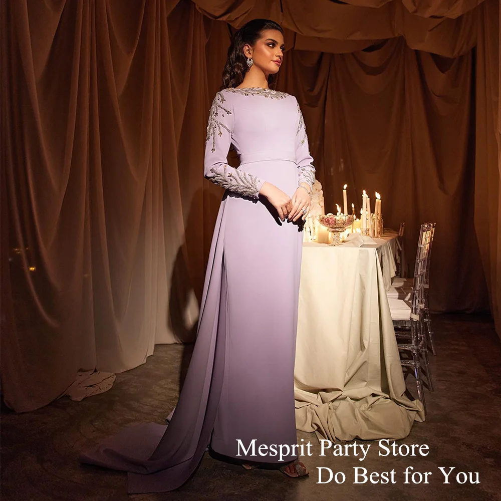 Lilac Evening Dress Saudi Arab Prom Gown Customized Long Sleeves Beading Mermaid Party Gown with Train فساتين للمناسبات الرسمية