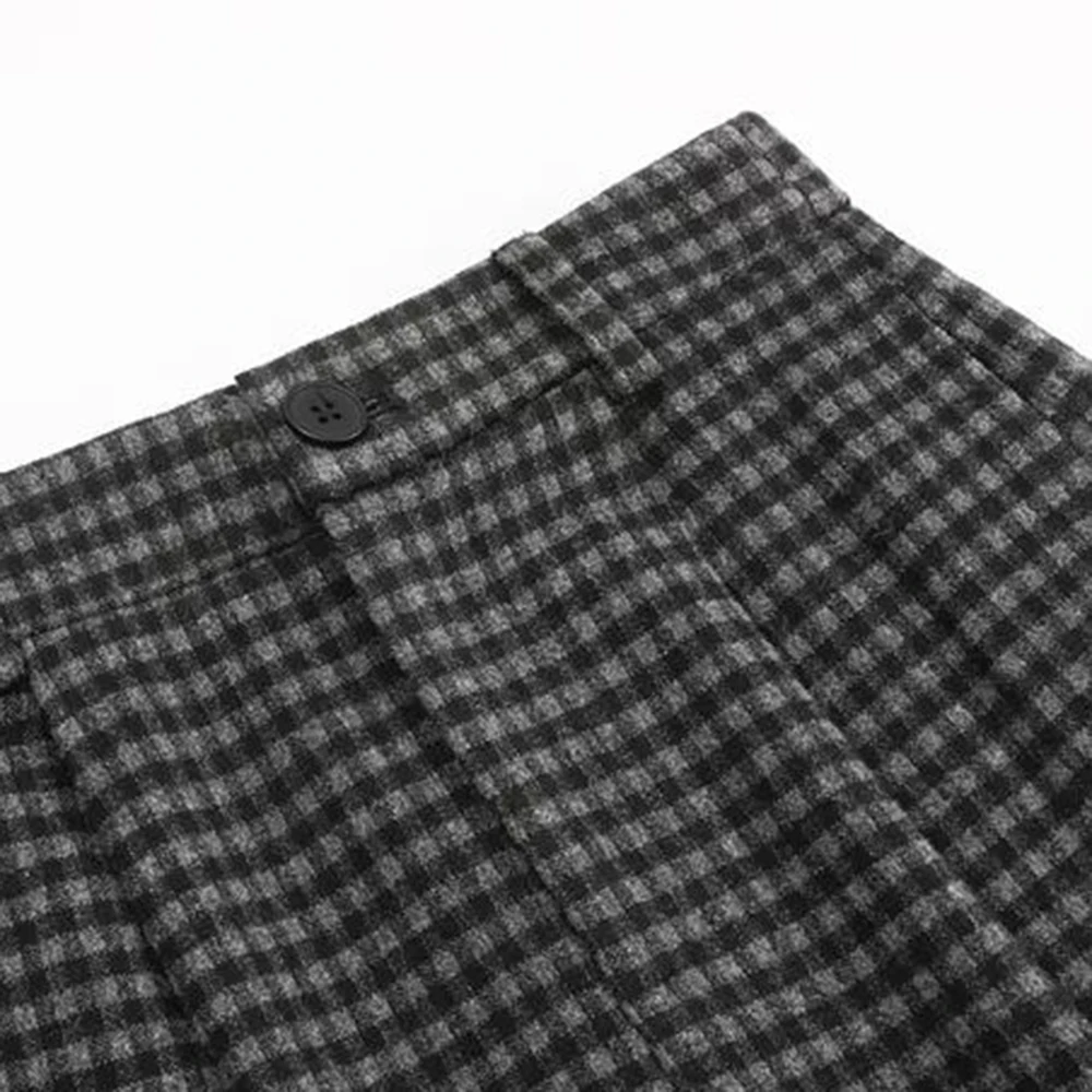 Black and gray plaid pants women's autumn and winter woolen scimitar pants high waist casual straight and thin wide-leg pants