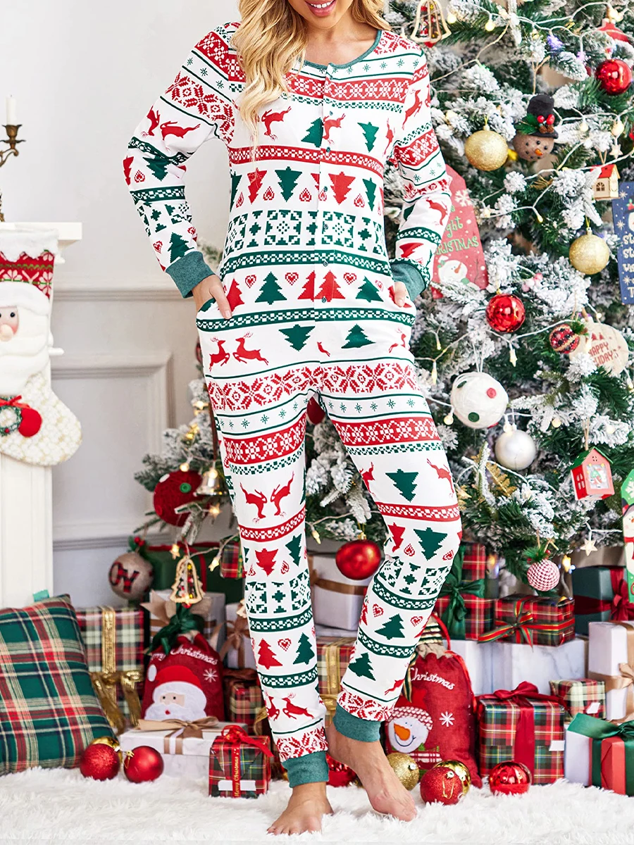 ZIYIXIN Women s Christmas Pajamas Long Sleeve V-Neck Printed Romper Loose Detachable Crotch Elastic Christmas Jumpsuits