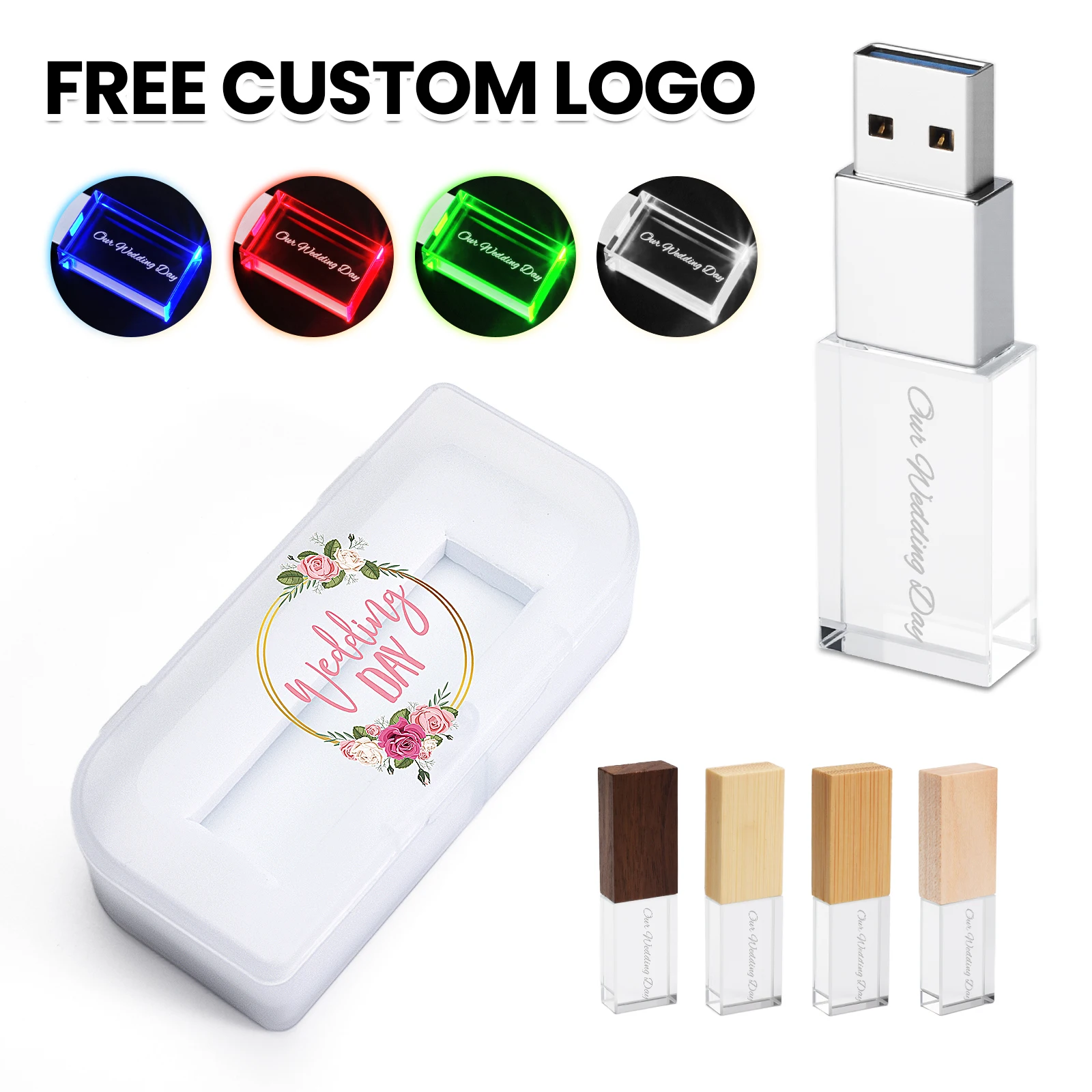 

Free Custom Logo Crystal USB Flash Drive Memory Stick Pen Drive 128GB 64GB 32G Plastic Box Storage Device Pendrive Cle USB Stick