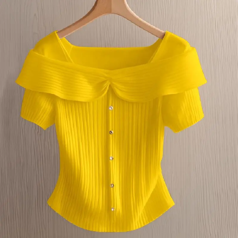 Summer French Square Collar Short-sleeved T-shirt Sweater for Women's Design Niche Slim Short Top Trendy