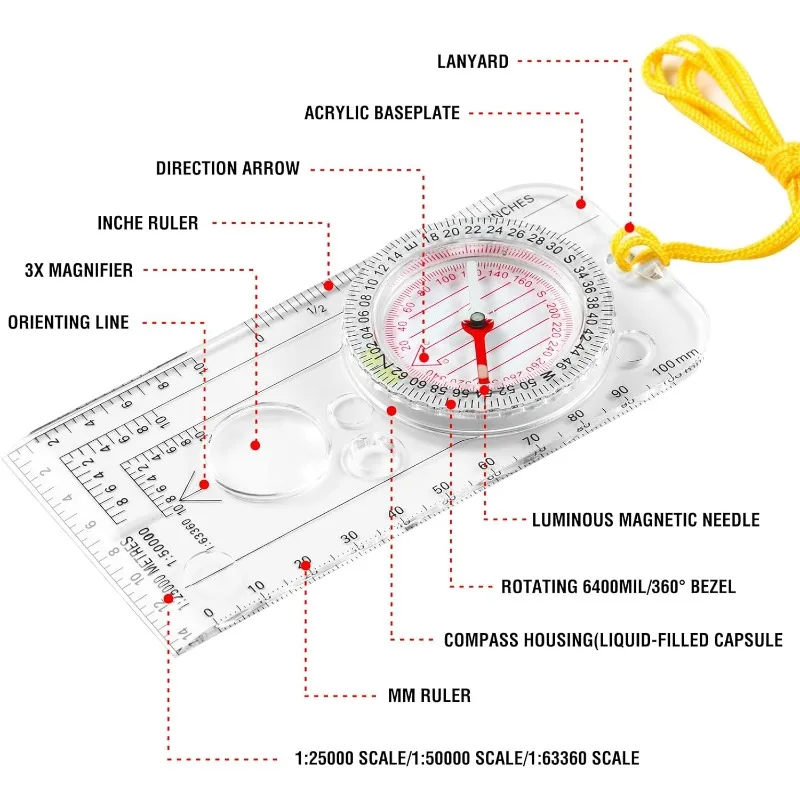 Military Multi-Function Compass Map Ruler Scouting Scale - Survival Orienteering Gear for Hiking Camping Hunting Backpacking