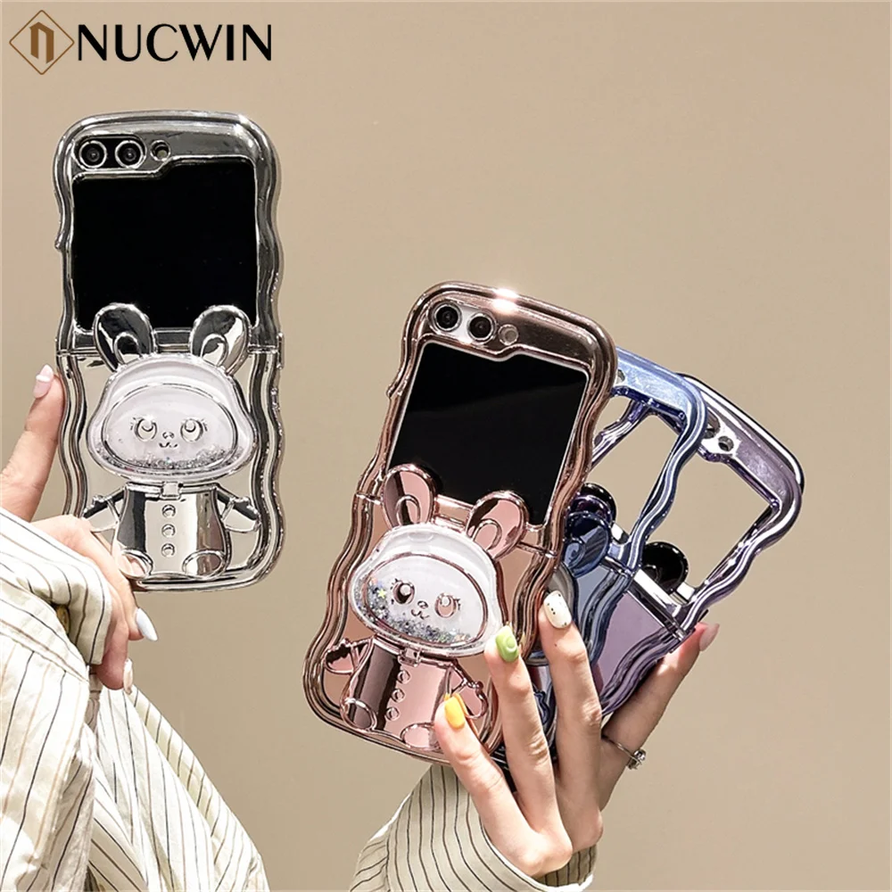 Glitter Rabbit Quicksand Case for Samsung Galaxy Z Flip 5 4 3 Flip5 flip3 flip4 Shiny Panda Mirror Ring Stand Plating Wave Cover