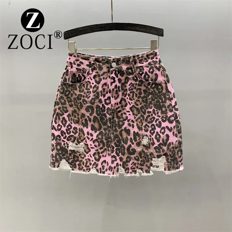 ZOCI-Falda vaquera de cintura alta con estampado de leopardo, nuevo estilo de verano, personalizada y elegante