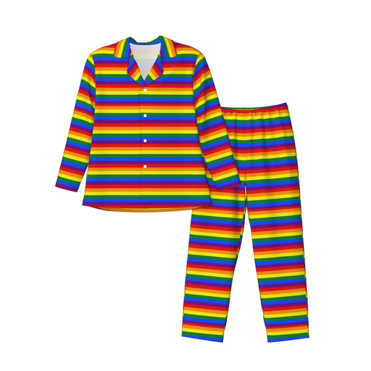 Pajamas Male Rainbow Striped Night Sleepwear Colorful Print Two Piece Casual Pajama Sets Long Sleeve Warm Oversize Home Suit