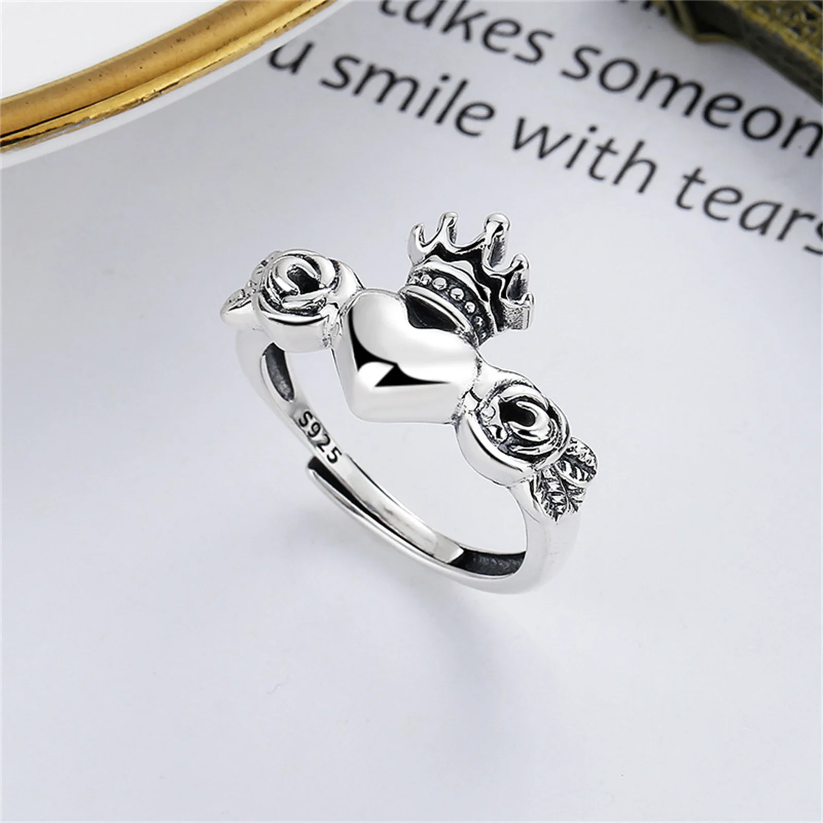 Heart and Crown Vintage Rose Sterling Silver 925 Ring Resizable for Women Girls Irish Claddagh