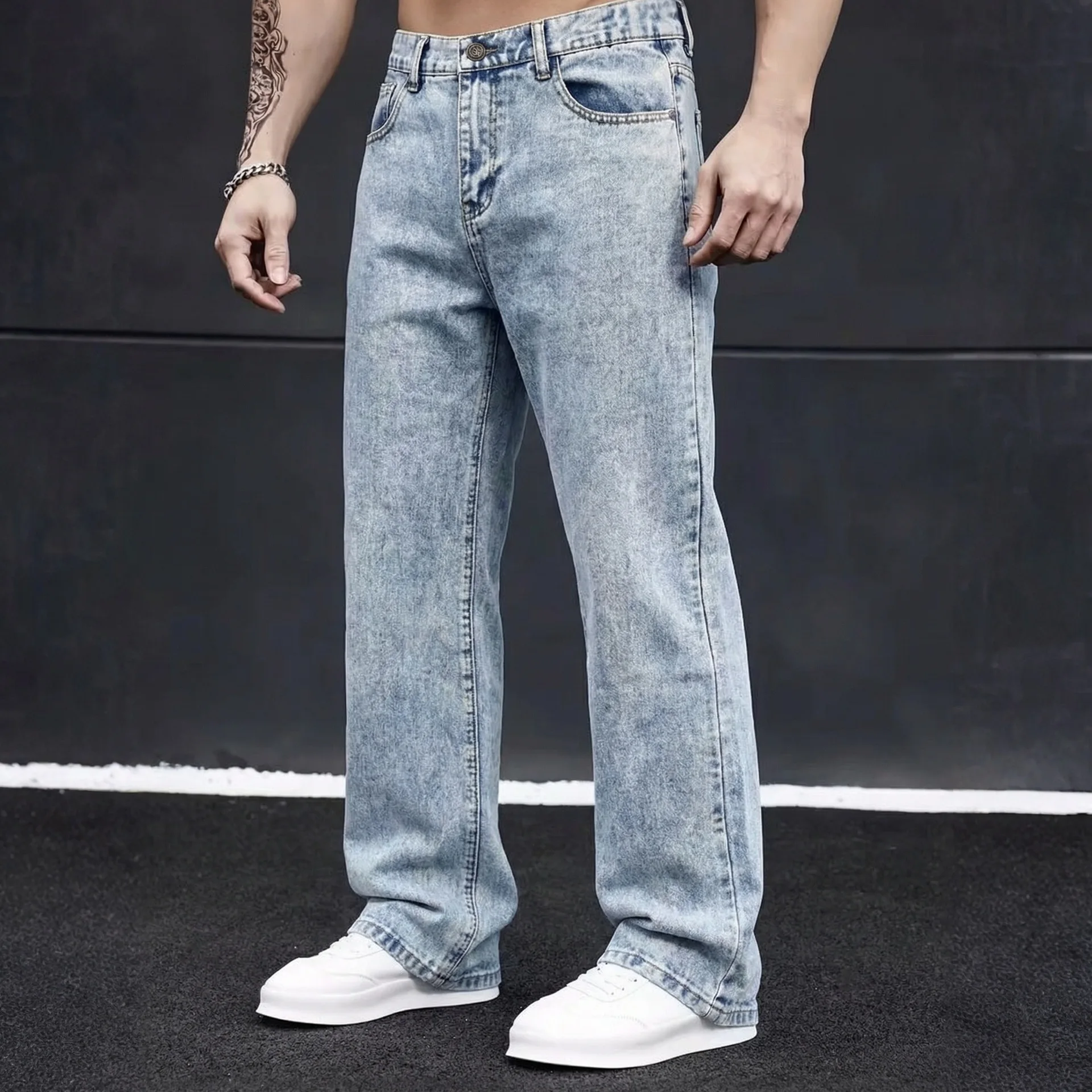 Elastic Waist Snow Wash Straight Jeans Men's Loose Casual Denim Pants