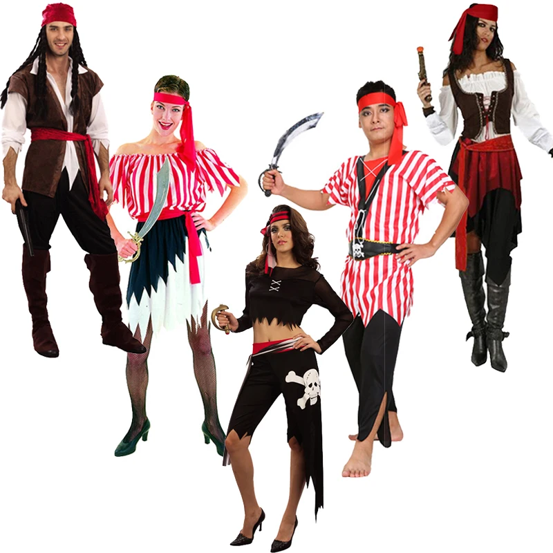 Fatos de pirata Capitão Jack Sparrow para homem e mulher, roupas de Halloween dos Piratas do Caribe, cosplay adulto