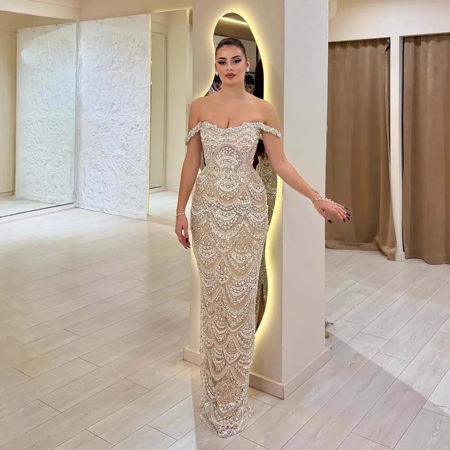 Aunber Customized Luxury Pearl Beaded Mermaid Off-Shoulder Nude Evening Dress Formal  Wedding Party For Women Full of Beads view 3