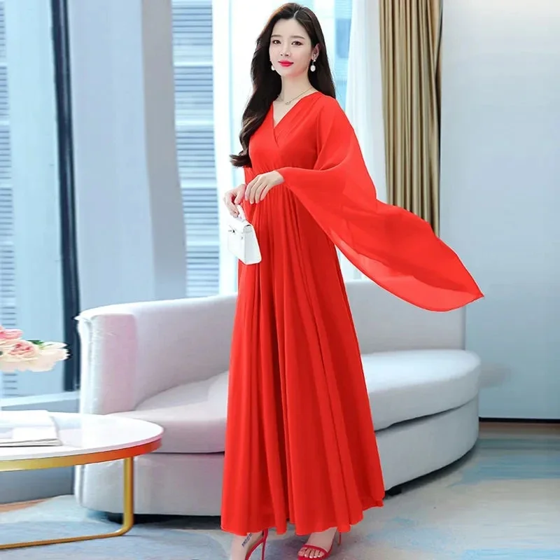 Women Long Solid Chiffon Dress New  Summer Bohemian Beach   Clothing Elegant Ladies Maxi  Vestidos 4XL ZL50