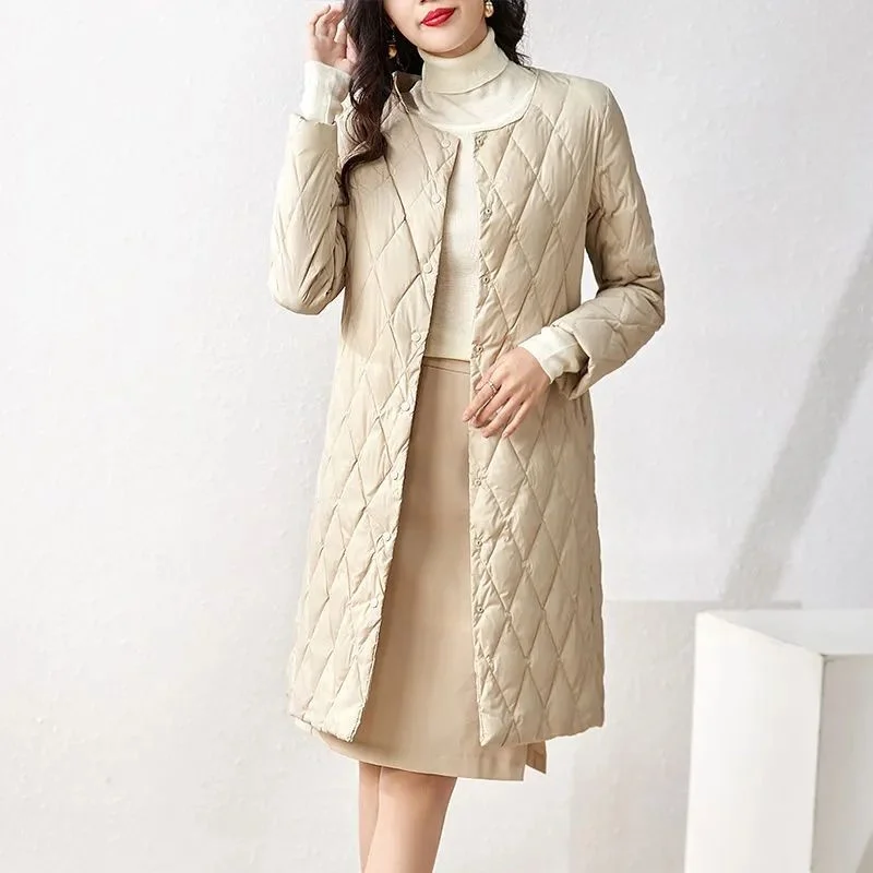 Winter New Korean Fashion Cotton Coat Round Neck Long Sleeve Inner Lining Medium Length Lightweight and Slim Cotton Dress Women