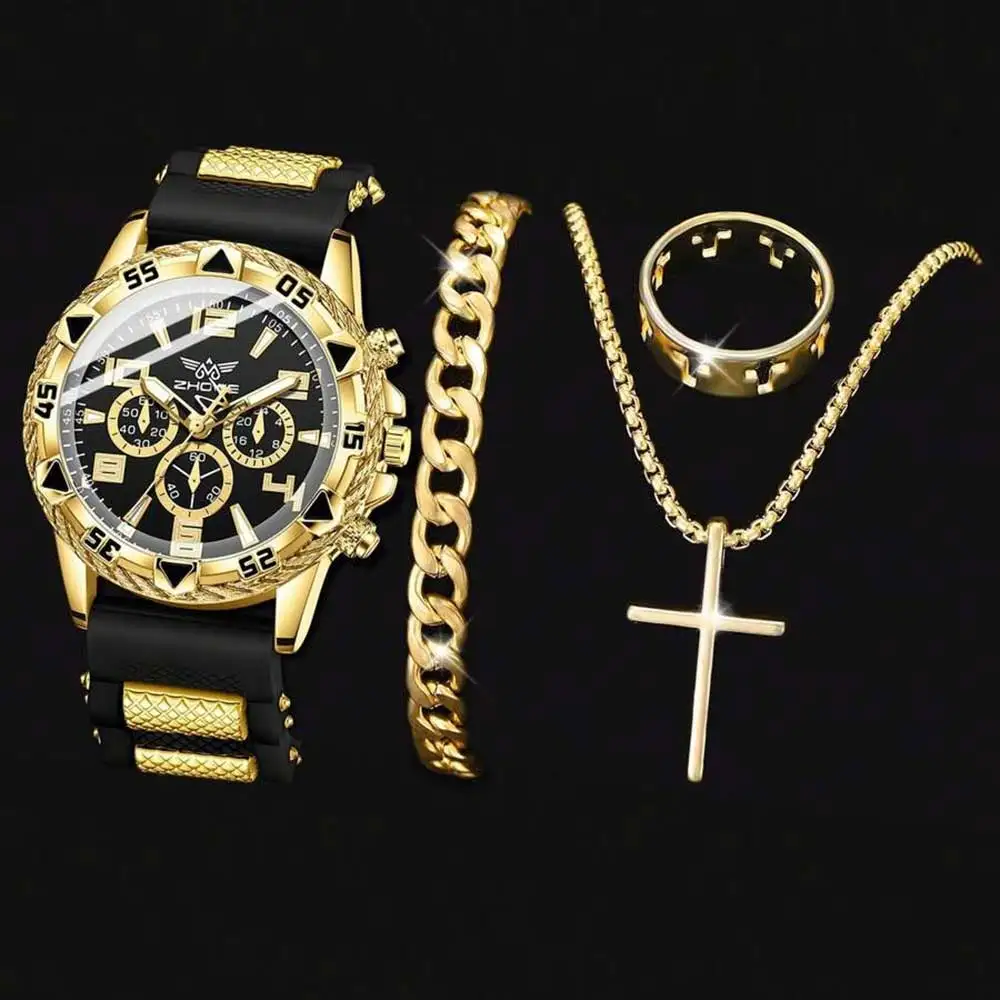 4PPC Black Men's Watch Set Fashion Trend Quartz Watch Bracelet Necklace Ring Set Perfect Gift for Friends or Bar Dad