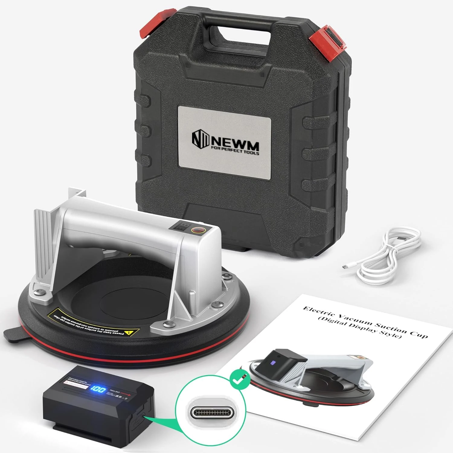 

Electric 8\"-600lbs Max Load Vacuum Suction Cup Lifter Digital Display Auto Start Pump Detachable Battery-for Glass Hand Tools.