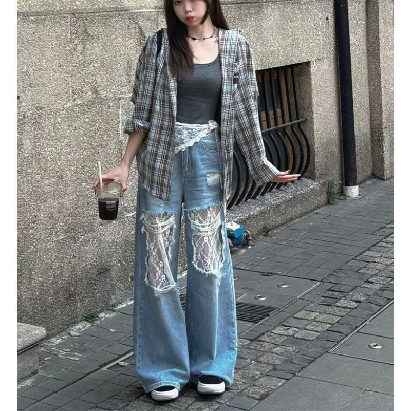 Heavy Industry Lace Stitching Hole Jeans Female Design Sense 2025 Summer Loose Straight Mop Pants
