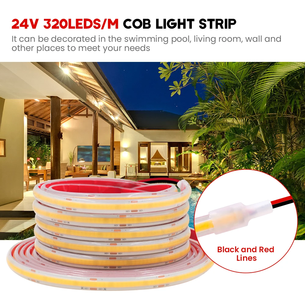 IP68 Waterproof COB LED Strip 12V 24V Flexible Ribbon Tape 320LEDs High Density Linear Light for Home Decoration 0.5-10M