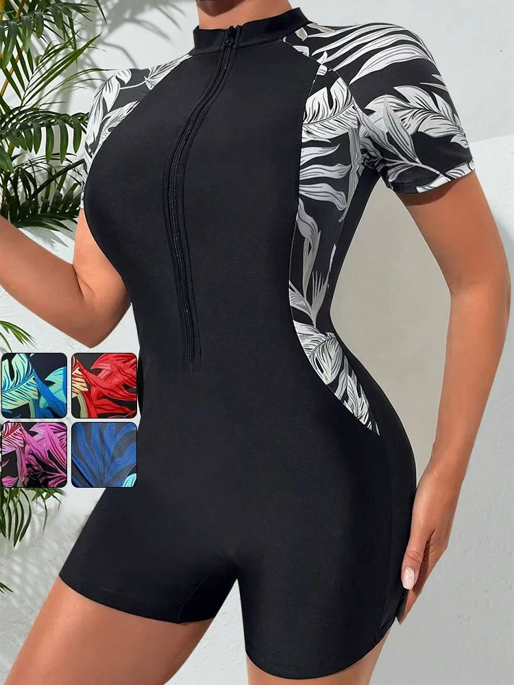 

One Piece Floral Swimwear Swim Suit Women Short Sleeve Swimsuit Zip Front Tropical Plant Surfing Sun Protection（No built-in bra）
