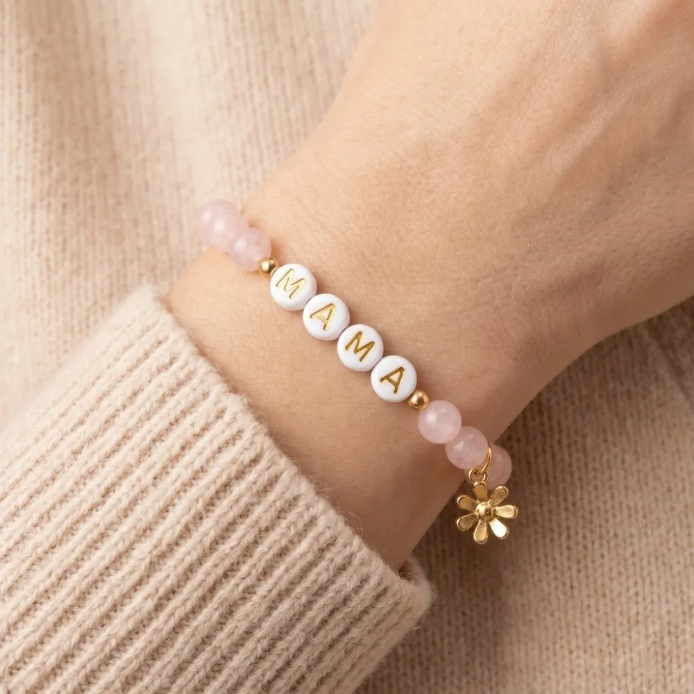 2Pcs Minimalist Mother's Day Bracelet Set Bead Stone Imitation Rose Quartz Mother and Daughter Bangle Elegant Jewelry 2PCS
