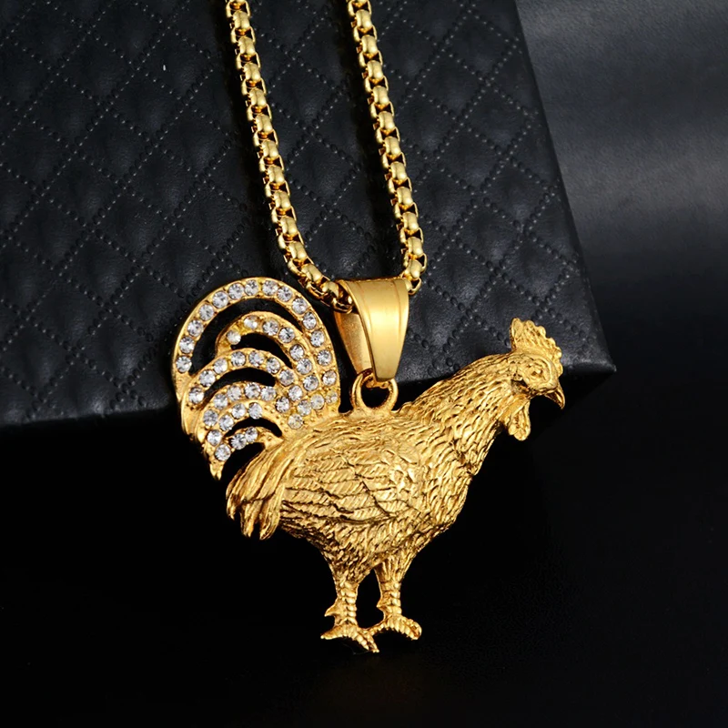 Hip Hop Rhinestones Paved Gold Color Stainless Steel Chicken Cock Rooster Pendants Necklace for Men Jewelry