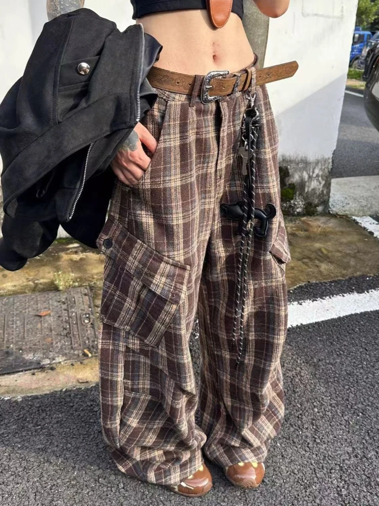 Vintage Chic American Vintage Pocket Trousers Design Leopard Print Patchwork Button Loose Straight Leg Pants Y2k Outfit 2025 New