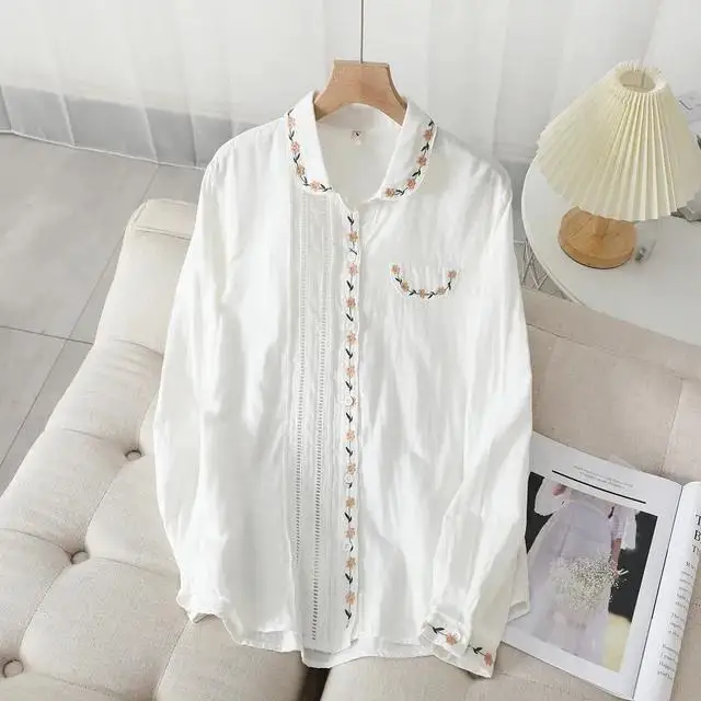 2023 Autumn New Fine Women\'s Collar Printed Shirt Female Casual Long Sleeve Loose Blouses and Tops Lady Fresh White Blue Shirt