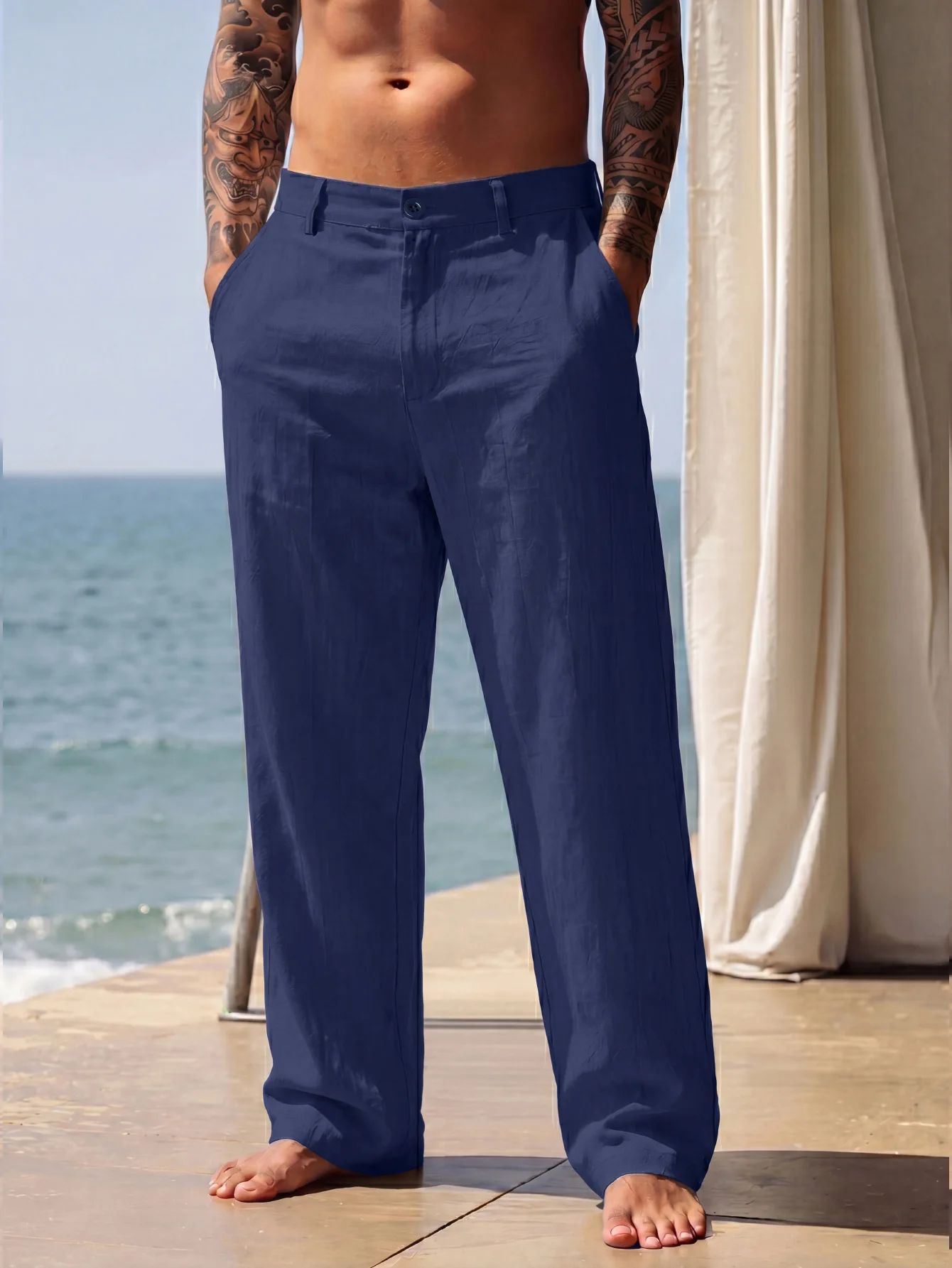 Sommer Neue Herren Freizeithose Locker Geschnitten Einfarbig Business Gesellschaftlich Vielseitige Lange Hose Männliche Baumwolle-Leinen Gerade Jogginghose – Detail 9
