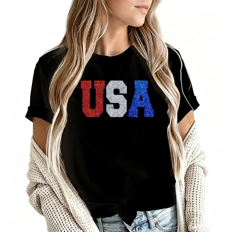 Usa Patriotic Women's T-Shirt 100% Cotton Funny Graphic Short Sleeve Tee Novelty Shirt Casual Crew Neck Top S-5Xl