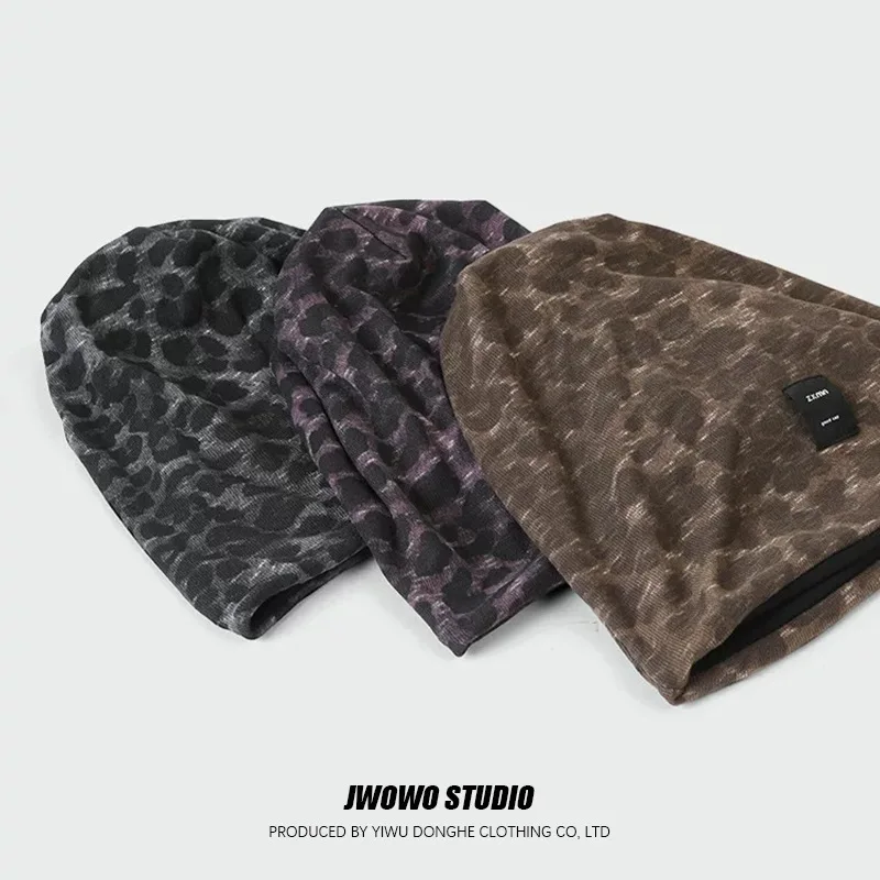 American Retro Fashion Leopard Print Pile Cap Trendy Hand-knitted Hip-hop Headpiece Cap Autumn Winter Outdoor Warm Woolen Cap