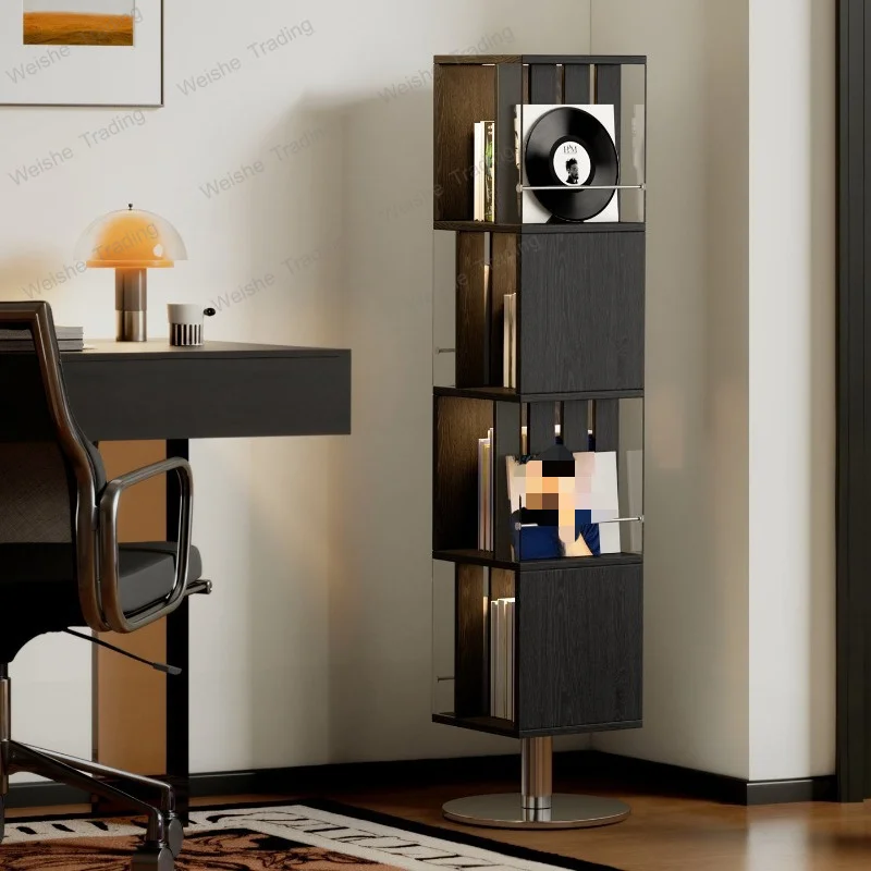 Black rotating bookshelf full-body mirror cabinet solid wood book and newspaper shelf with ambient light display cabinet