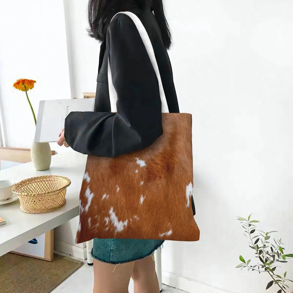 Tas Belanja Bergaya Tekstur Kulit Sapi Motif Kulit Sapi Tas Kanvas Reusable Tas Jinjing Selempang Tas Tangan Travel