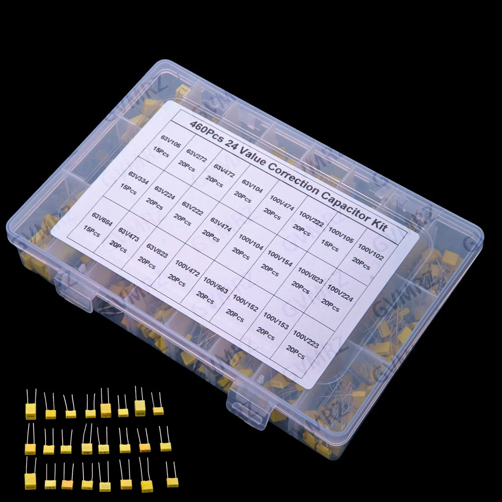 460PCS 63V 100V 24Valuesx Correction Capacitor Assorted Kit 63V 100V Polypropylene Safety Plastic Film Capacitors Set 63V 100V
