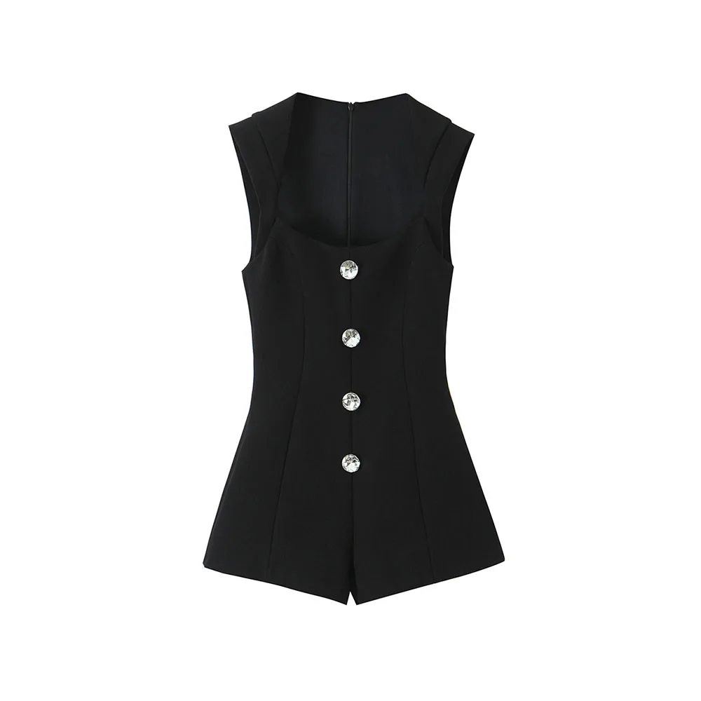 

Autumn new women's fashion jewelry button decoration short jumpsuit