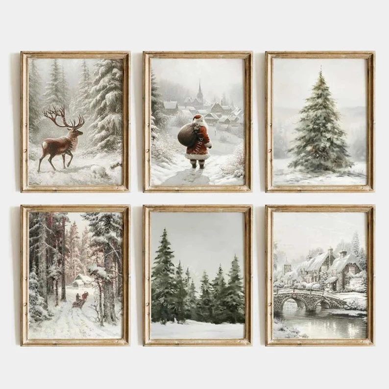 Vintage Christmas Tree and Santa Claus Poster Winter Farmhouse Scenery Wall Art Canvas Painting Modern Living Room Holiday De