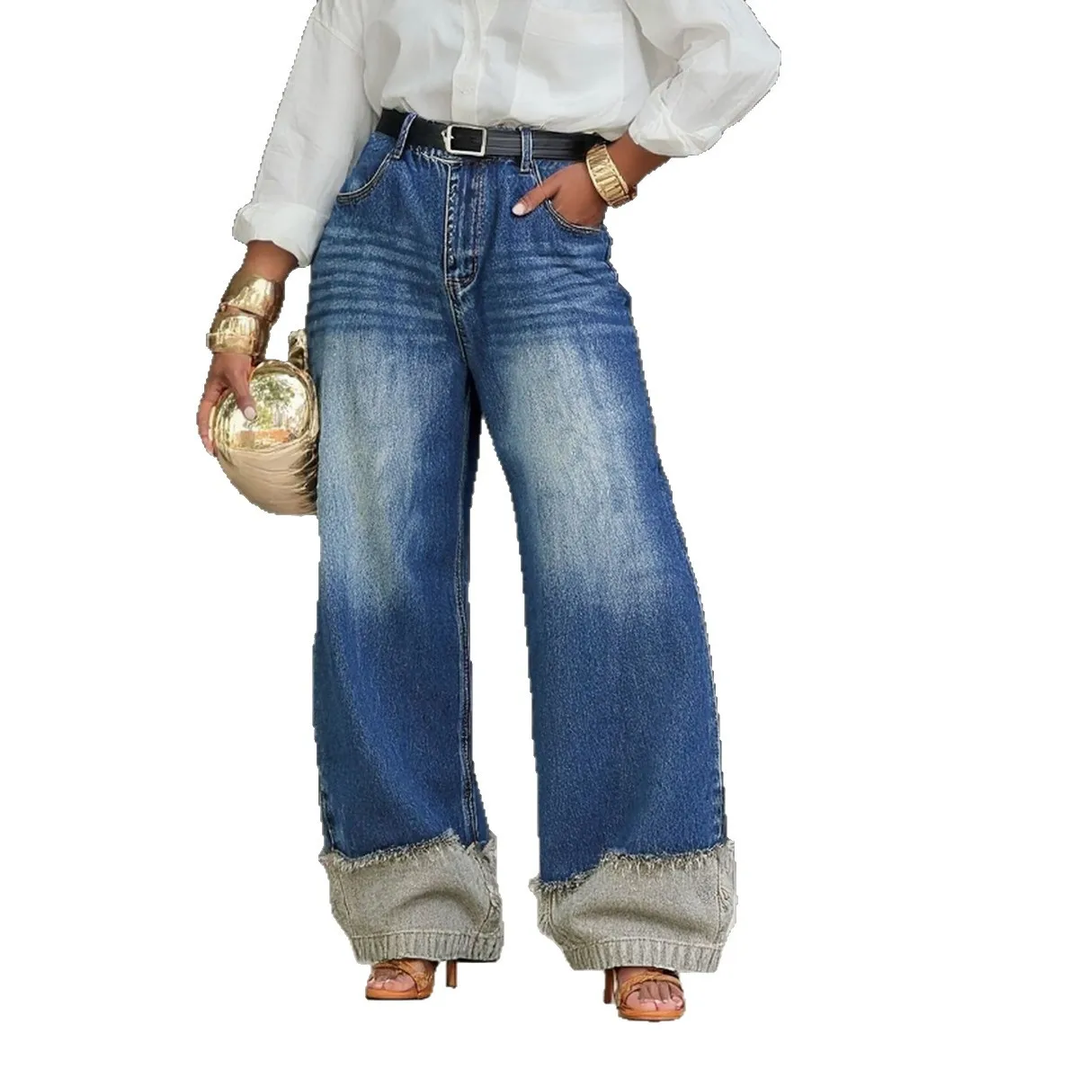 

2026 New Unique Patchwork Wide-Leg Jeans Women/Men Distressed Denim Pants Elegant Washed Baggy Jeans Modern Streetwear