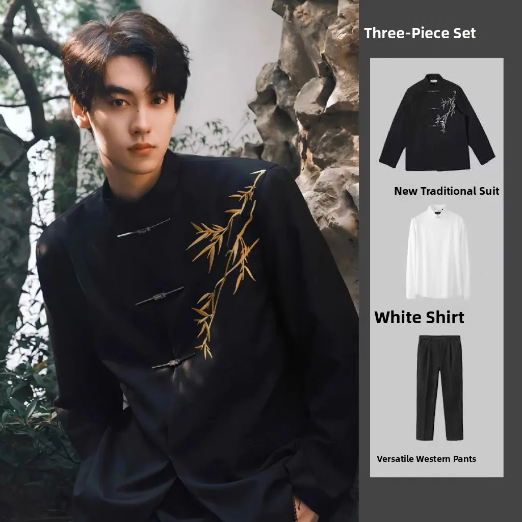 New Chinese Style Men's Tailored Suit Wedding Ceremony Casual Wear Long Sleeve Embroidered Zhejiang Suit Standard Fit